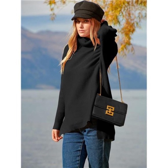 Turtleneck Oversized Batwing Sleeve Spilt Hem Knit Tunic Sweater For Women - Picture 4 of 7